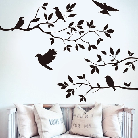 Sticker Mural en PVC Silhouette d'Oiseaux sur Branches Noir Autocollant Décoratif Imperméable pour Salon Chambre Décor