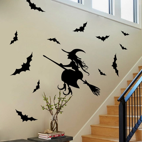 Halloween Heks En Vleermuis Silhouet Muursticker Verwijderbaar Waterdicht PVC Decal Voor Kinderkamer Raam Glas Huis Decor
