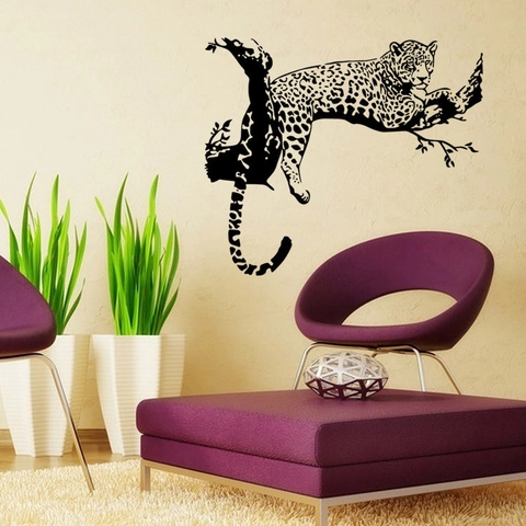 Pegatina de Pared Leopardo Negro en Rama Guepardo Minimalista Moderno PVC Removible Impermeable Decoración Hogar para Sala Estar