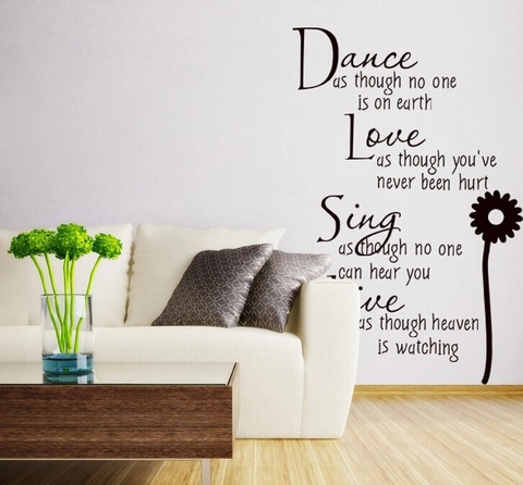 Pegatina de Pared con Citas en Inglés Dance Love Sing Live Margarita Negra PVC Impermeable Removible DIY para Sala de Estar