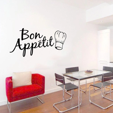 Bon Appetit Wall Sticker With Chef Hat Icon For Kitchen Restaurant Decoration Waterproof Black PVC Typography Art Mural