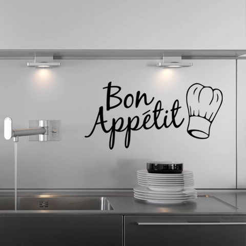 Bon Appetit Wall Sticker With Chef Hat Icon For Kitchen Restaurant Decoration Waterproof Black PVC Typography Art Mural