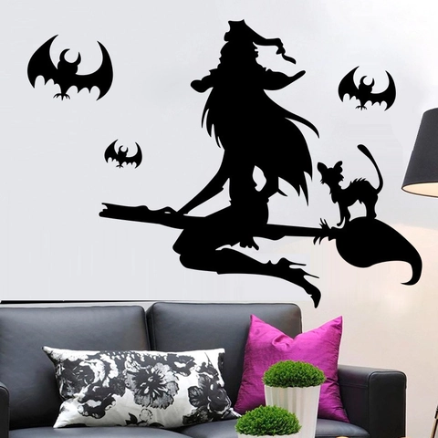 Halloween Witch On Broom Silhouette Wall Sticker Black Waterproof Removable PVC Vinyl Decal For Window Home Party Decoration