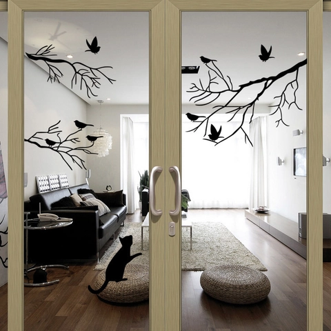 Branch Bird Wall Sticker Black Cat Silhouette PVC Decal Removable Waterproof Home Decor Living Room Bedroom Window Glass