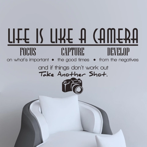 Vinilo Decorativo con Frase Inspiradora Life Is Like A Camera de PVC Removible con Patrón de Cámara para Hogar