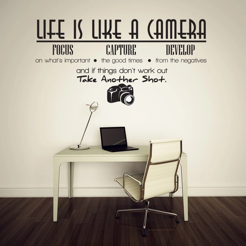 Vinilo Decorativo con Frase Inspiradora Life Is Like A Camera de PVC Removible con Patrón de Cámara para Hogar