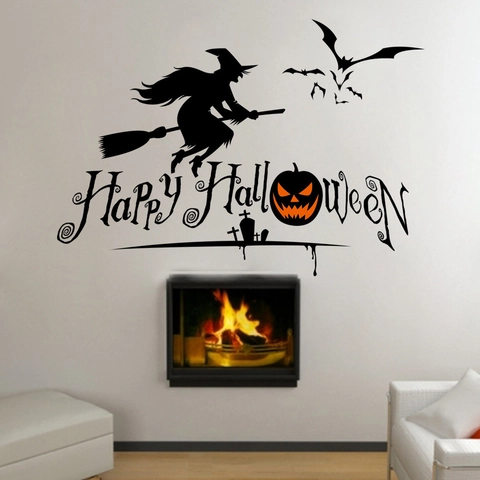 Adhesivo de Pared de Halloween Silueta de Bruja Murciélagos Calabaza Impermeabile PVC Removible Calcomanía Ventana Decoración