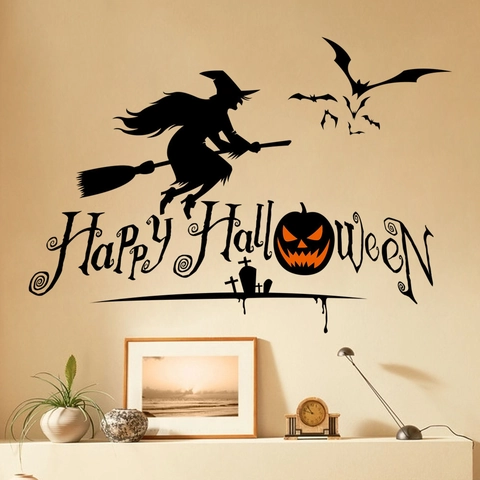 Adhesivo de Pared de Halloween Silueta de Bruja Murciélagos Calabaza Impermeabile PVC Removible Calcomanía Ventana Decoración