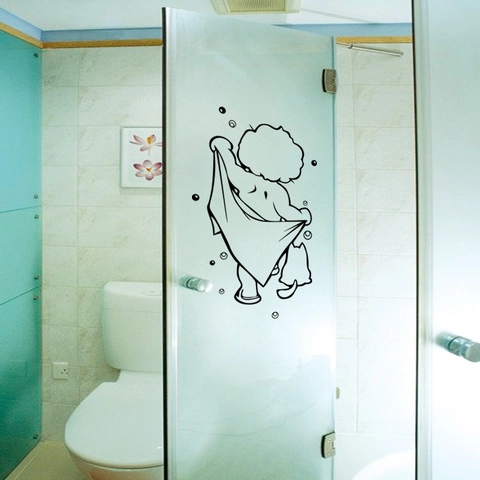 Waterproof PVC Bathroom Wall Sticker Cartoon Child Bathing With Cat Black Line Art Removable DIY Decal For Shower Glass Door