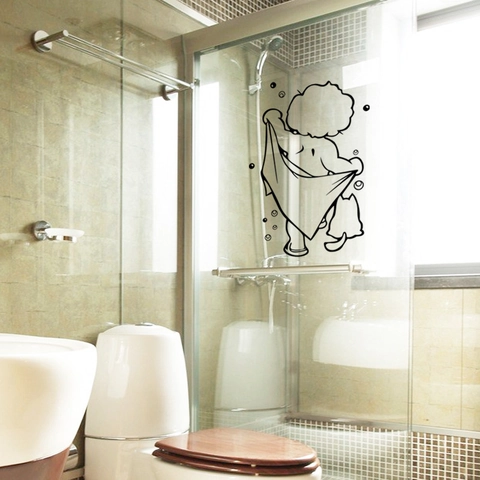 Waterproof PVC Bathroom Wall Sticker Cartoon Child Bathing With Cat Black Line Art Removable DIY Decal For Shower Glass Door