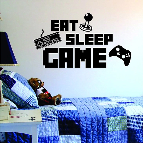 Adesivo da Parete Eat Sleep Game Repeat PVC Controller da Gioco Decalcomania per Camera dei Ragazzi Decorazione Gamer Removibile Nero