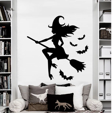 Sticker Mural Halloween Sorcière sur un Balai Silhouette Chauve-souris PVC Noir Amovible Imperméable Décoration Maison Mural Art