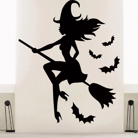 Αυτοκόλλητο Τοίχου Halloween Μάγισσα σε Σκούπα Σιλουέτα Νυχτερίδα Μαύρο PVC Αφαιρούμενο Αδιάβροχο Διακόσμηση Σπιτιού Τέχνη Τοίχου
