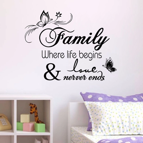 Pegatina de Pared Frase Family Where Life Begins Love Never Ends Vinilo Mariposa Calcomanía Impermeable Mural Hogar Decoración