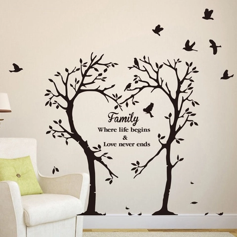 Family Heart Tree Wall Sticker PVC Removable Decal Flying Birds Quote Living Room Bedroom Art Mural Home Decor