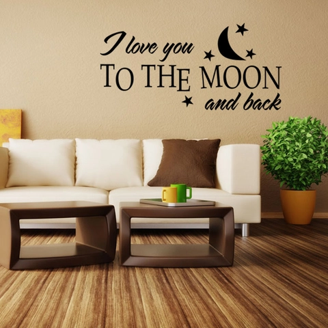 Pegatina de Pared I Love You To The Moon And Back Calcomanía de PVC Cita Con Luna Estrellas Negro Decoración de Hogar