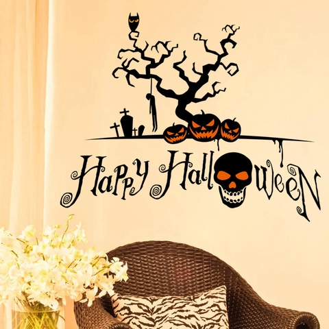 Halloween Wandtattoo Gruseliger Baum Totenkopf Kürbis Happy Halloween PVC Wasserdicht Abnehmbar Aufkleber Party Haus Deko