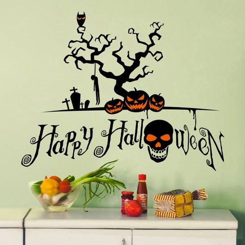 Halloween Wandtattoo Gruseliger Baum Totenkopf Kürbis Happy Halloween PVC Wasserdicht Abnehmbar Aufkleber Party Haus Deko