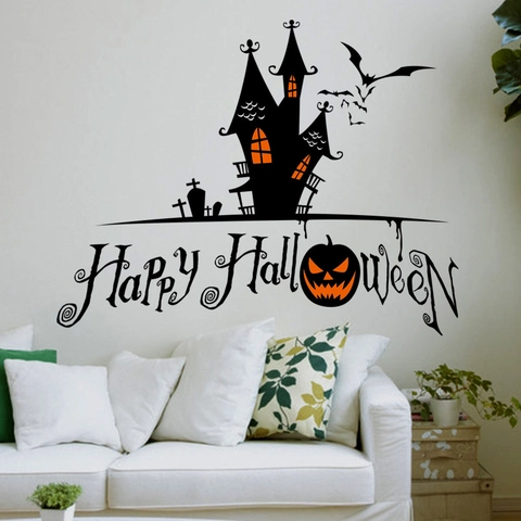 Halloween Spukschloss Fledermaus Friedhof Kürbis Wandtattoo Happy Halloween Abnehmbarer Gotik Aufkleber Für Party Deko