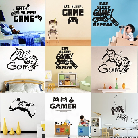 Adesivo da Parete Eat Sleep Game Repeat PVC Controller da Gioco Decalcomania per Camera dei Ragazzi Decorazione Gamer Removibile Nero