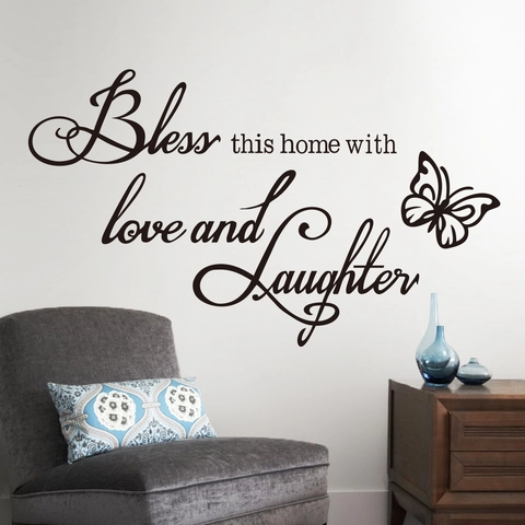 Adesivo Murale in PVC Impermeabile Moderno Minimalista Bless This Home Con Amore E Risate Citazione Farfalla Decorazione Per Soggiorno