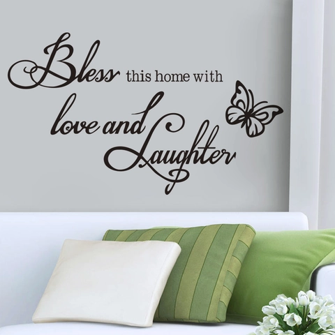 Adesivo Murale in PVC Impermeabile Moderno Minimalista Bless This Home Con Amore E Risate Citazione Farfalla Decorazione Per Soggiorno
