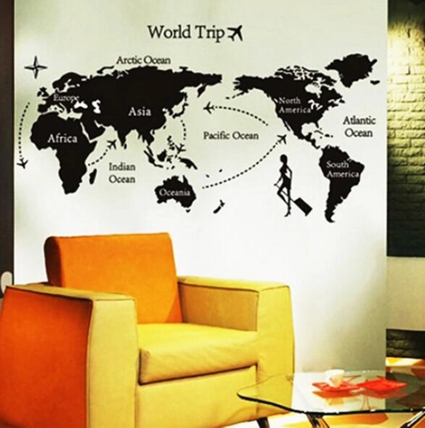 World Map Wall Sticker PVC Removable Silhouette Map Mural Traveler Plane Design Modern Living Room Study Home Decor Poster
