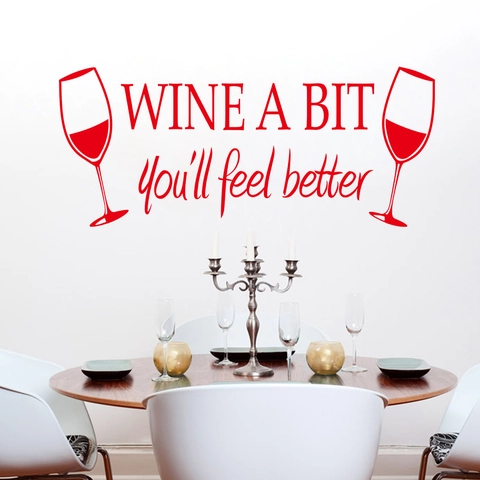 Wine Glass Silhouette Wall Sticker With Wine A Bit Quote Removable PVC Decal For Kitchen Dining Room Home Decor Modern Minimalist Waterproof Art