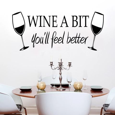 Wine Glass Silhouette Wall Sticker With Wine A Bit Quote Removable PVC Decal For Kitchen Dining Room Home Decor Modern Minimalist Waterproof Art