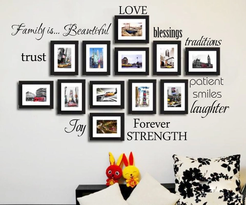 Pegatina de Pared de Marco de Fotos con Letras en Inglés Family Calcomanía de Arte de PVC Extraíble DIY para Sala de Estar