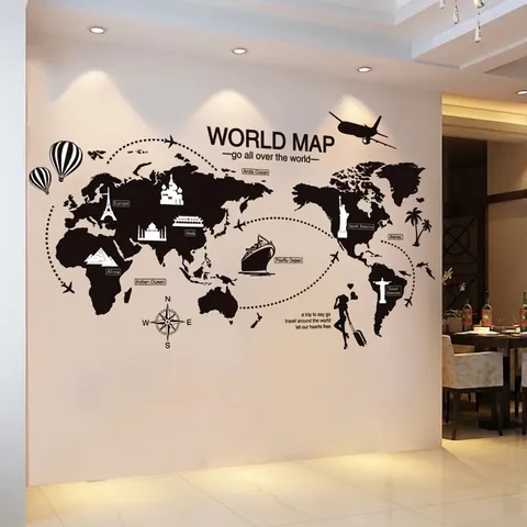 Pegatina de Pared de Mapa del Mundo Creativo PVC Impermeable DIY Negro para Dormitorio Oficina Sala de Estar Decoración del Hogar