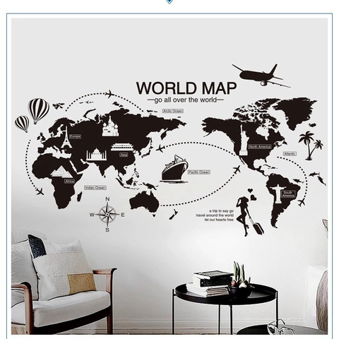 Pegatina de Pared de Mapa del Mundo Creativo PVC Impermeable DIY Negro para Dormitorio Oficina Sala de Estar Decoración del Hogar