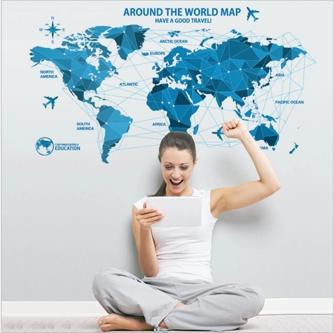 Blue Geometric World Map Wall Sticker Removable PVC Waterproof Geographical Map Mural Decal For Living Room Office Home Decor