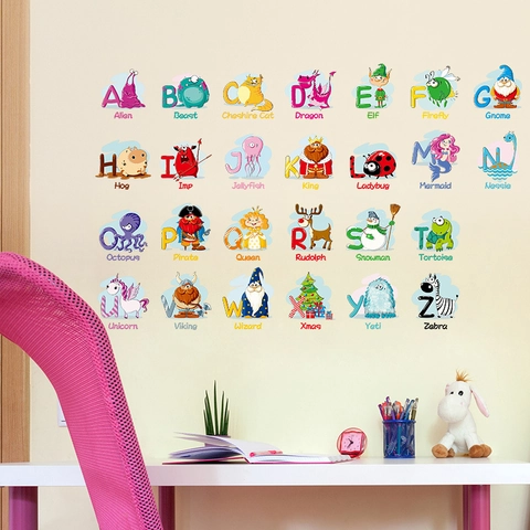 Educational Alphabet A-Z Wall Stickers For Kids Room Decor Cartoon Animal Letter PVC Waterproof DIY Wall Decals