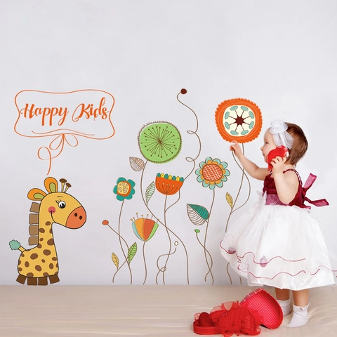 Cartoon Giraffe Flower Wall Stickers PVC Removable Decal For Kids Nursery Kindergarten Bedroom DIY Wall Decoration