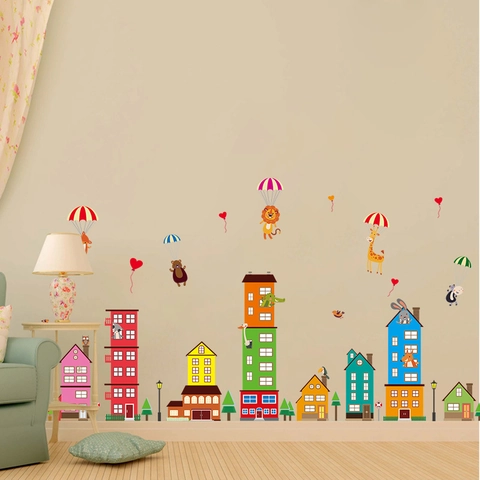 Cartoon Dieren Stad Gebouwen Muursticker Voor Kinderkamer DIY Verwijderbaar PVC Waterdicht Home Decor Muurtattoo Slaapkamer
