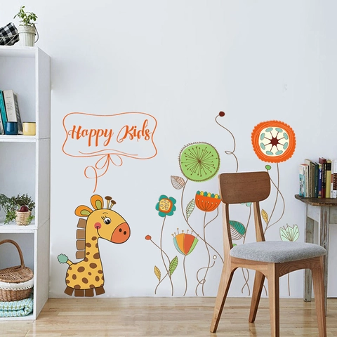 Cartoon Giraffe Flower Wall Stickers PVC Removable Decal For Kids Nursery Kindergarten Bedroom DIY Wall Decoration