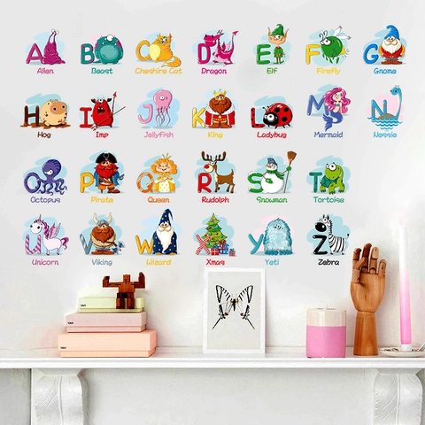 Educational Alphabet A-Z Wall Stickers For Kids Room Decor Cartoon Animal Letter PVC Waterproof DIY Wall Decals