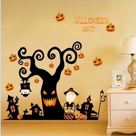 Pegatinas de Pared de PVC Removibles de Castillo Embrujado de Bruja de Calabaza de Halloween Calcomanías de Ventana
