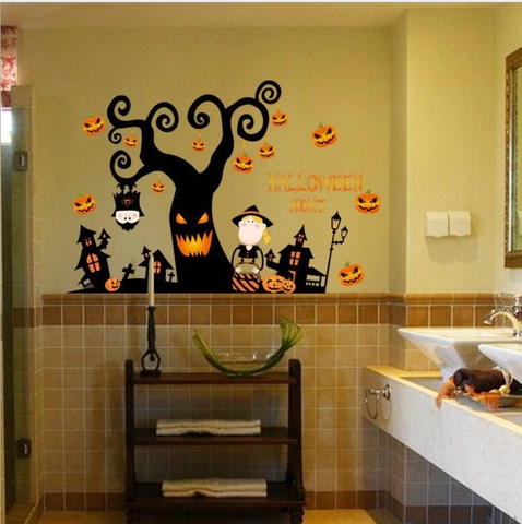 Pegatinas de Pared de PVC Removibles de Castillo Embrujado de Bruja de Calabaza de Halloween Calcomanías de Ventana