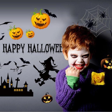 Adhesivo de Pared Halloween PVC Impermeable Happy Halloween Calcomanía Con Calabaza Bruja Murciélago Araña Para Sala De Estar