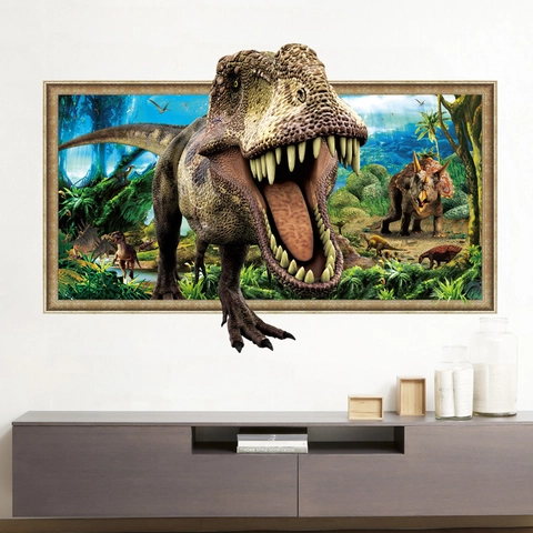 Adesivo Murale Dinosauro T-Rex 3D Decalcomania PVC Removibile Effetto Parete Rotta Per Cameretta Bambini Soggiorno Casa