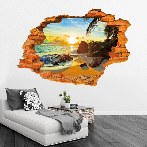 Pegatina de Pared 3D Pared Rota Puesta de Sol Playa Vista Mar Tropical PVC Impermeable Calcomanía Decoración Hogar