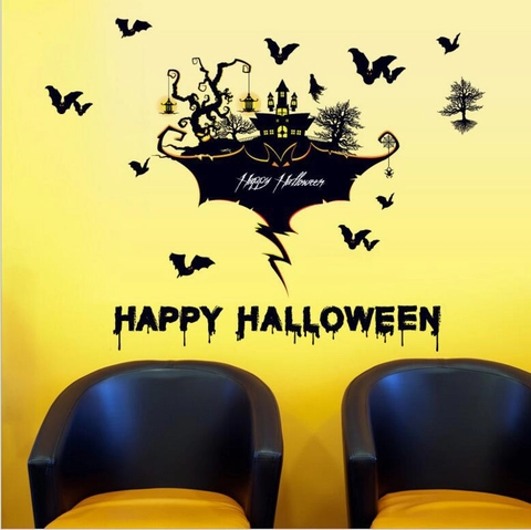 Pegatina de Pared de Halloween Silueta de Castillo y Murciélago Removible PVC Impermeable Adhesivo de Ventana para Fiesta
