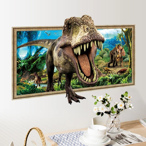 Adesivo Murale Dinosauro T-Rex 3D Decalcomania PVC Removibile Effetto Parete Rotta Per Cameretta Bambini Soggiorno Casa
