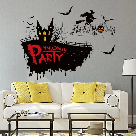 Halloween Hexe Fledermaus Schloss Silhouette Wandaufkleber Abnehmbare PVC Aufkleber Für Wohnzimmer Schlafzimmer Party Home Dekor