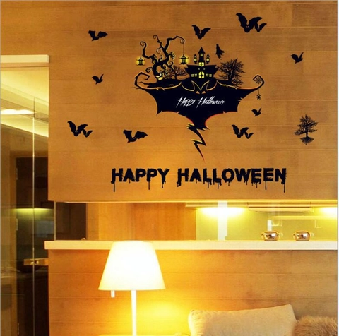 Pegatina de Pared de Halloween Silueta de Castillo y Murciélago Removible PVC Impermeable Adhesivo de Ventana para Fiesta