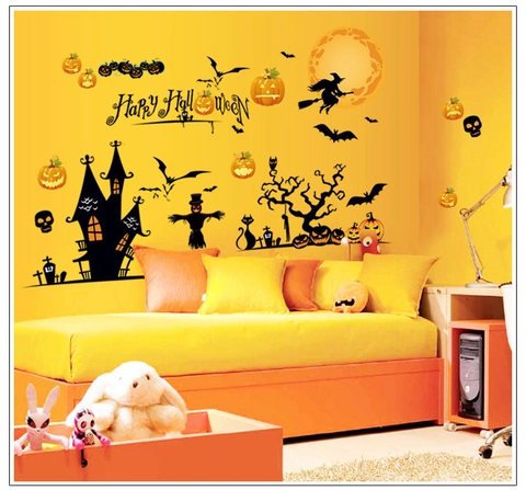 Halloween Wandaufkleber Abnehmbar PVC Kürbis Hexe Schloss Fledermaus Fensteraufkleber Für Wohnzimmer Schlafzimmer Party Dekoration