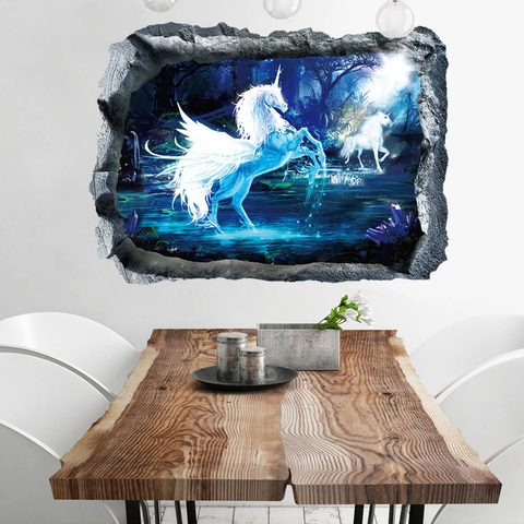 3D Gebroken Muur Magische Eenhoorn Muursticker Verwijderbaar PVC Fantasie Pegasus Poster Voor Kinderkamer Woonkamer Decoratie