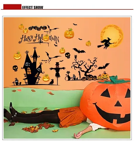Halloween Wandaufkleber Abnehmbar PVC Kürbis Hexe Schloss Fledermaus Fensteraufkleber Für Wohnzimmer Schlafzimmer Party Dekoration